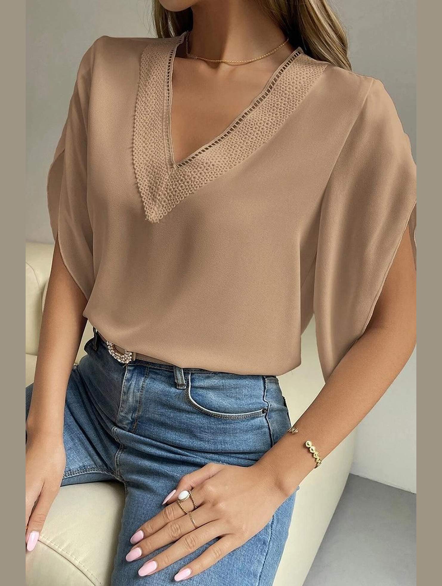 LAYERED V NECK ANGEL SLEEVED BLOUSE TOP - Doublju