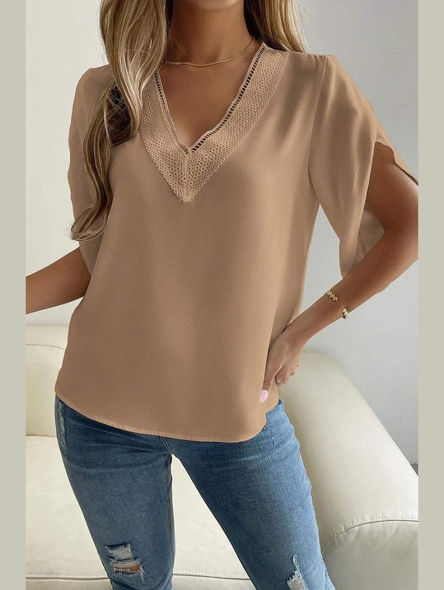 LAYERED V NECK ANGEL SLEEVED BLOUSE TOP - Doublju