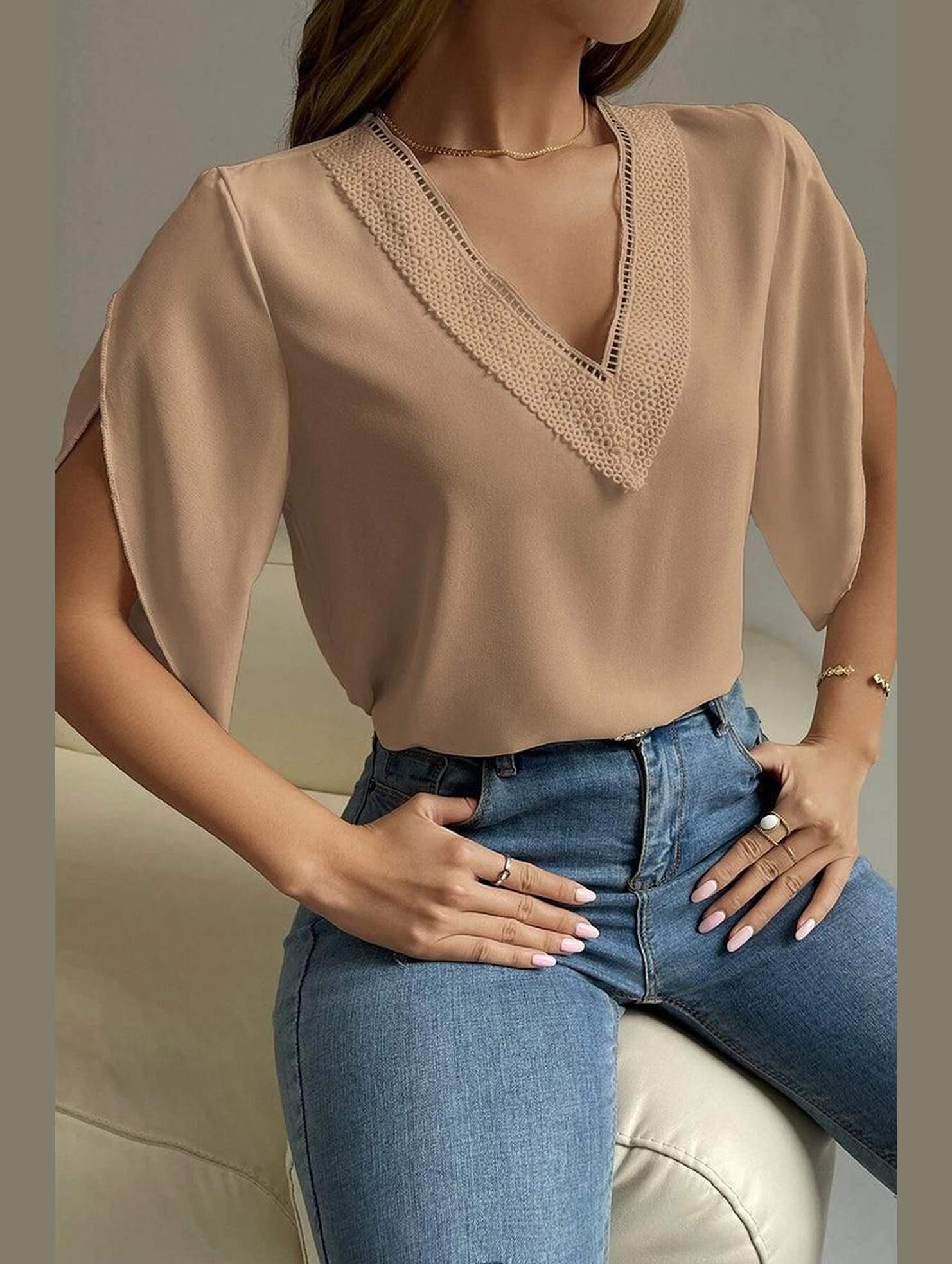 LAYERED V NECK ANGEL SLEEVED BLOUSE TOP - Doublju
