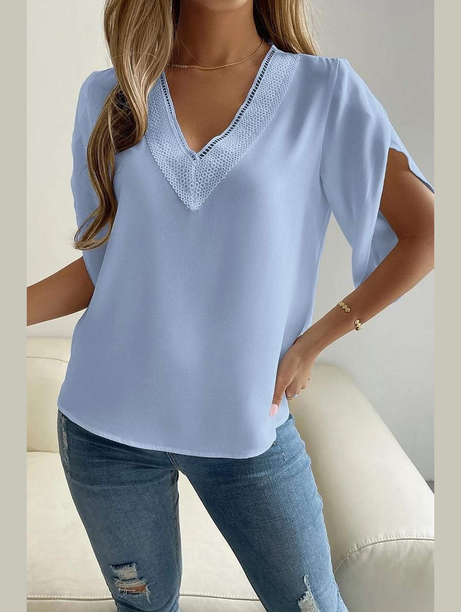 LAYERED V NECK ANGEL SLEEVED BLOUSE TOP - Doublju