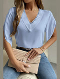 LAYERED V NECK ANGEL SLEEVED BLOUSE TOP - Doublju