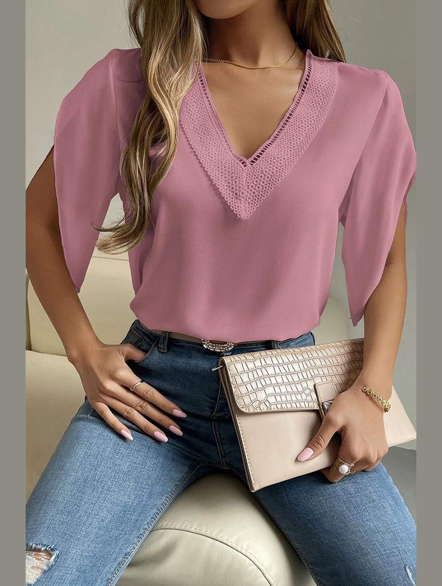 LAYERED V NECK ANGEL SLEEVED BLOUSE TOP - Doublju