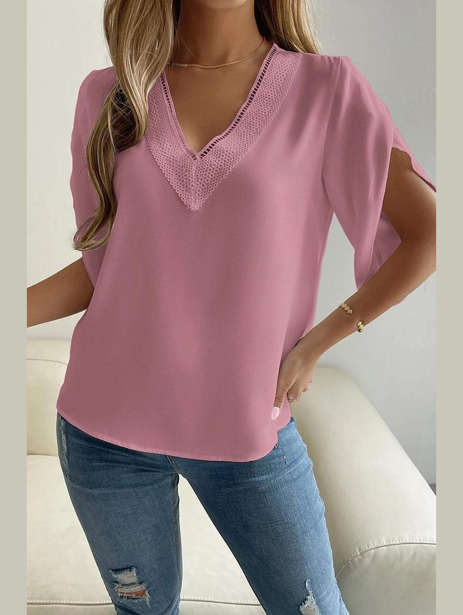 LAYERED V NECK ANGEL SLEEVED BLOUSE TOP - Doublju