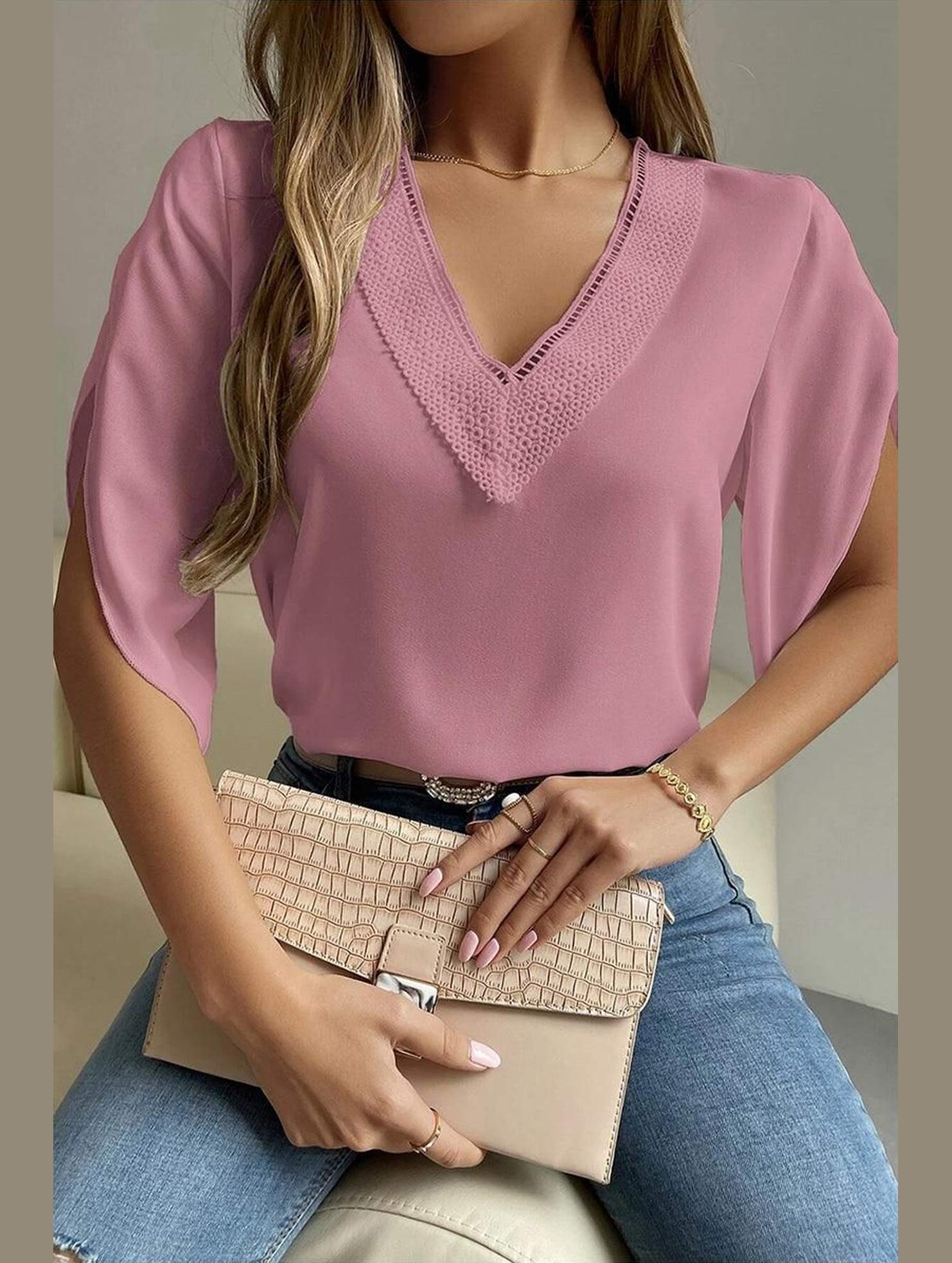 LAYERED V NECK ANGEL SLEEVED BLOUSE TOP - Doublju