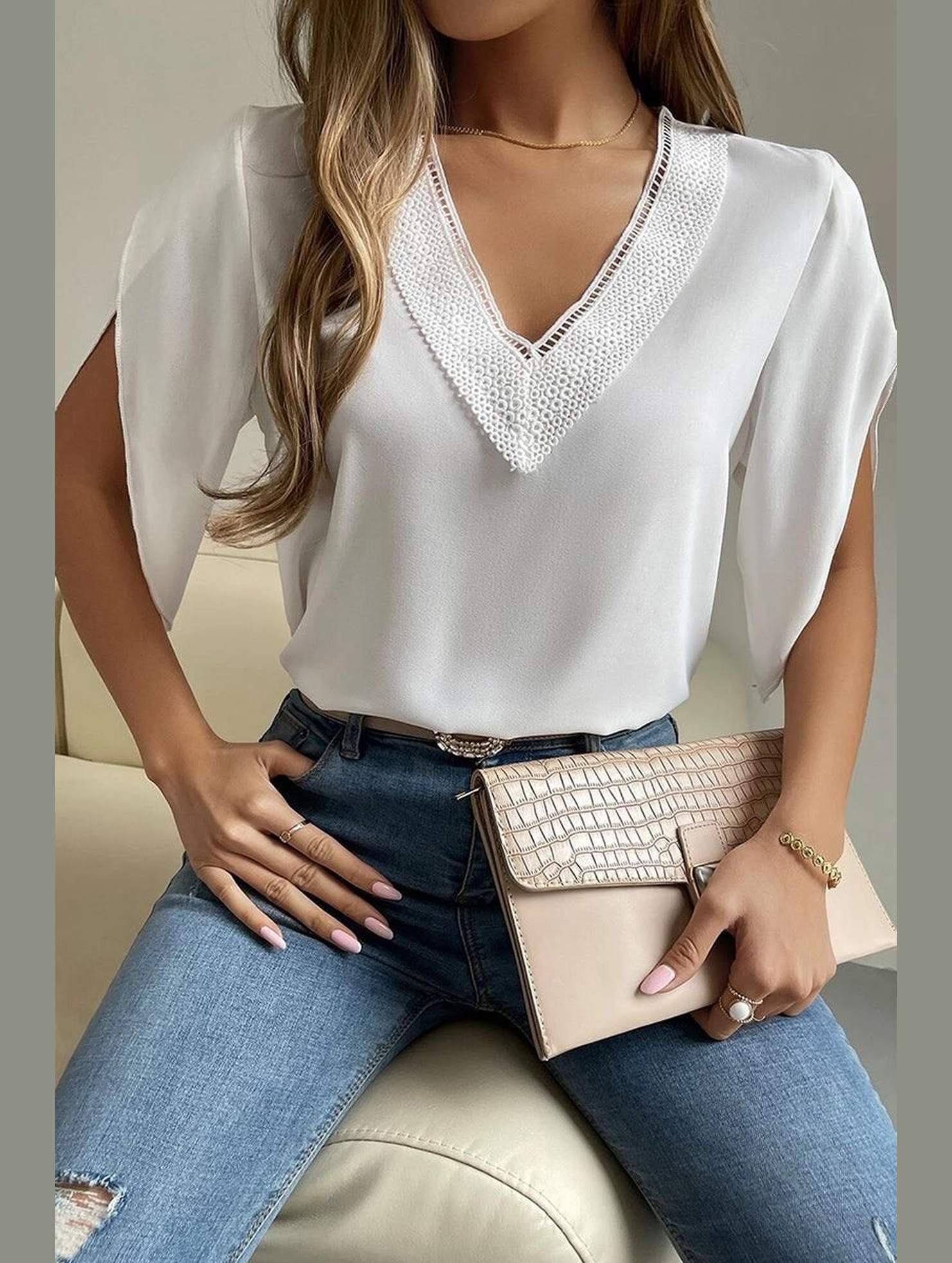 LAYERED V NECK ANGEL SLEEVED BLOUSE TOP - Doublju