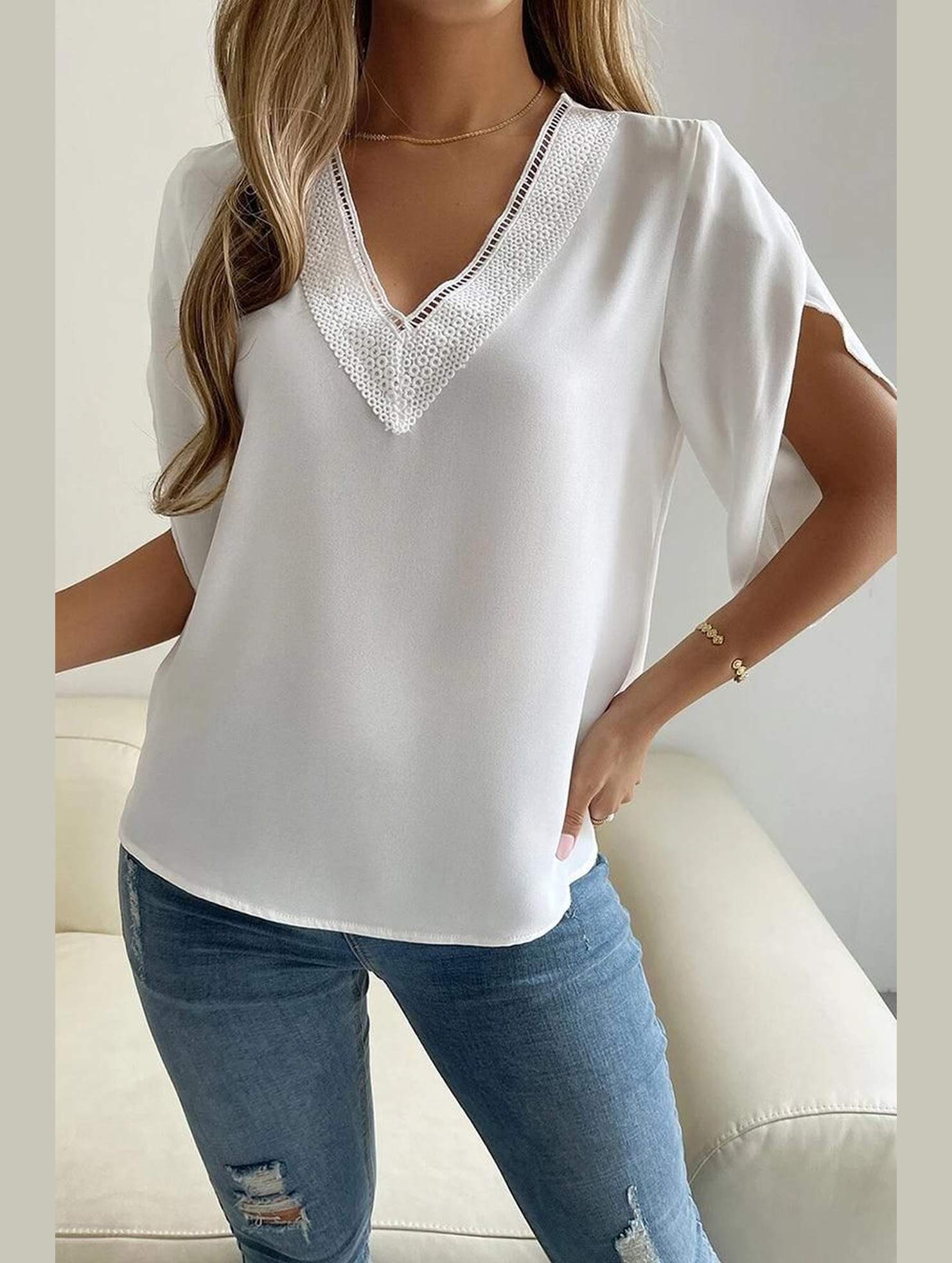 LAYERED V NECK ANGEL SLEEVED BLOUSE TOP - Doublju