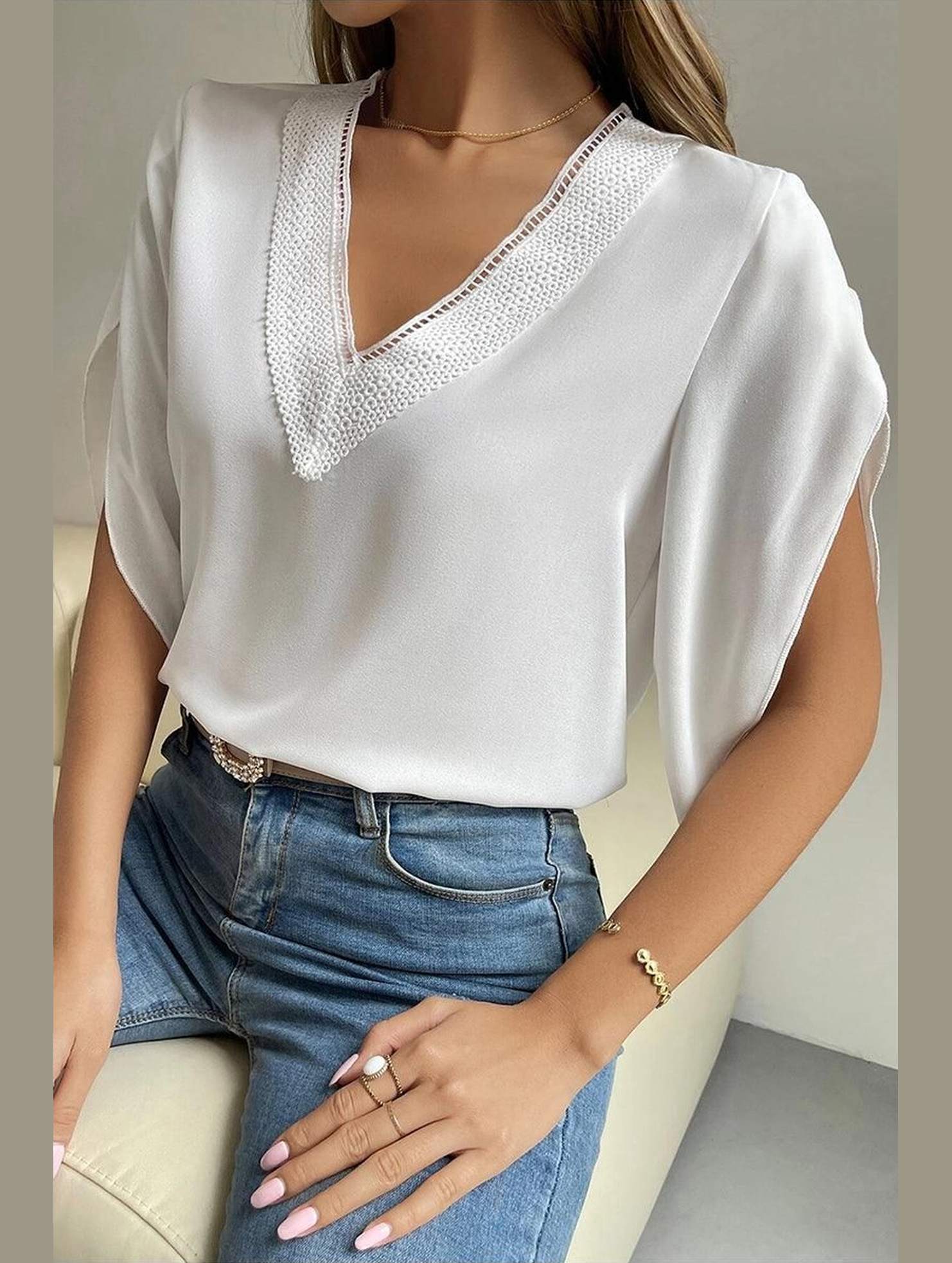 LAYERED V NECK ANGEL SLEEVED BLOUSE TOP - Doublju