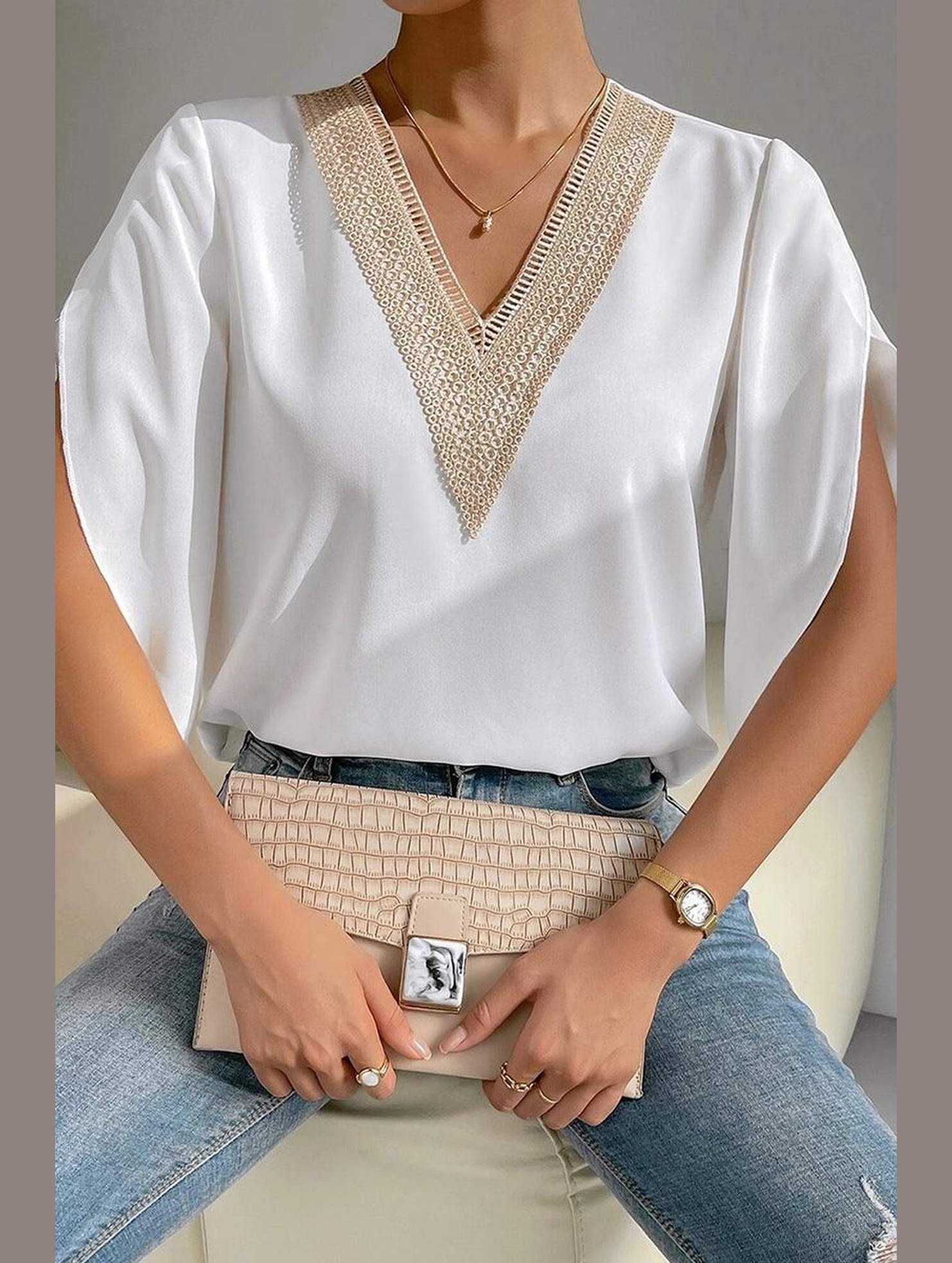 LAYERED V NECK ANGEL SLEEVED BLOUSE TOP - Doublju