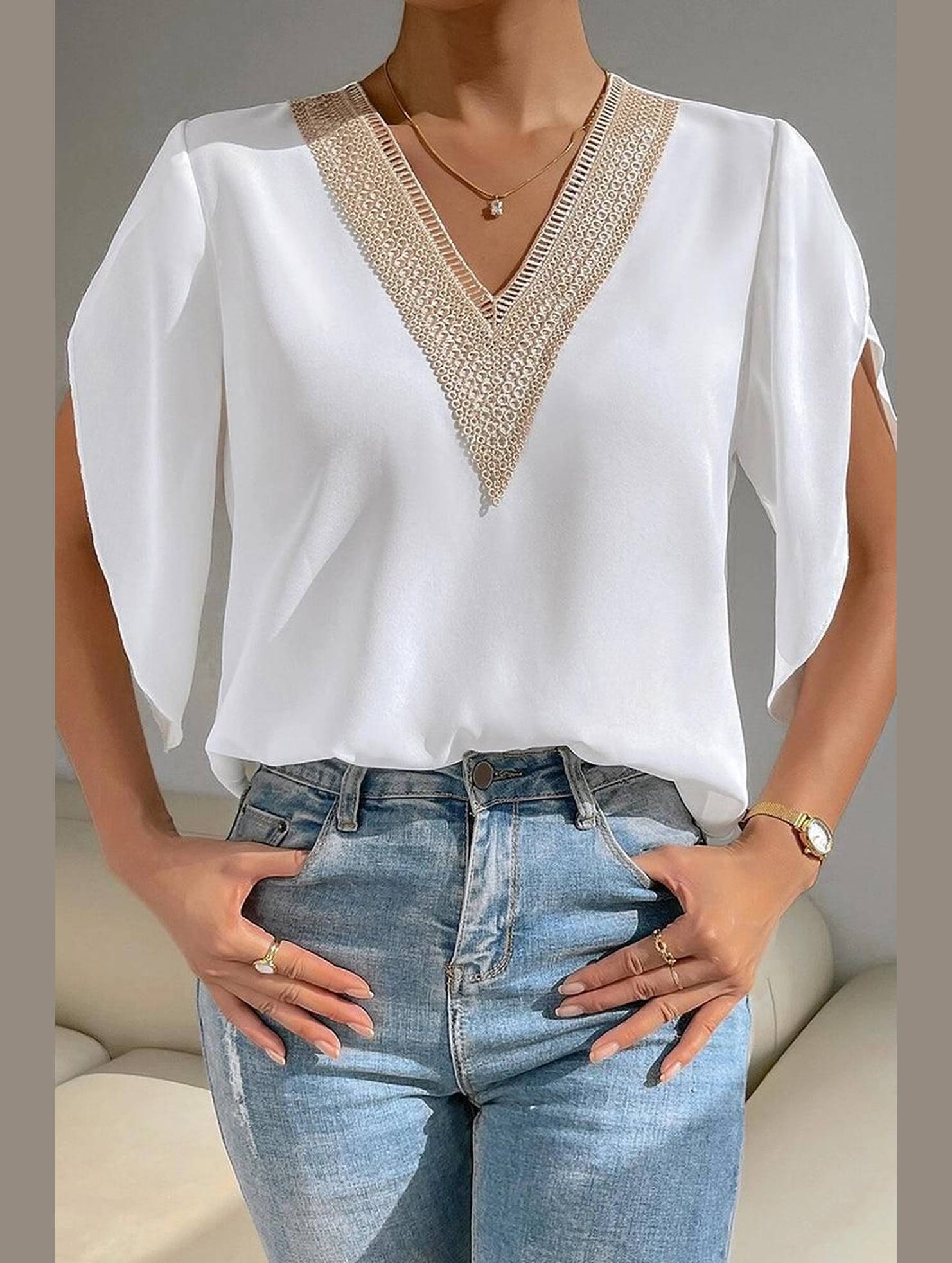 LAYERED V NECK ANGEL SLEEVED BLOUSE TOP - Doublju