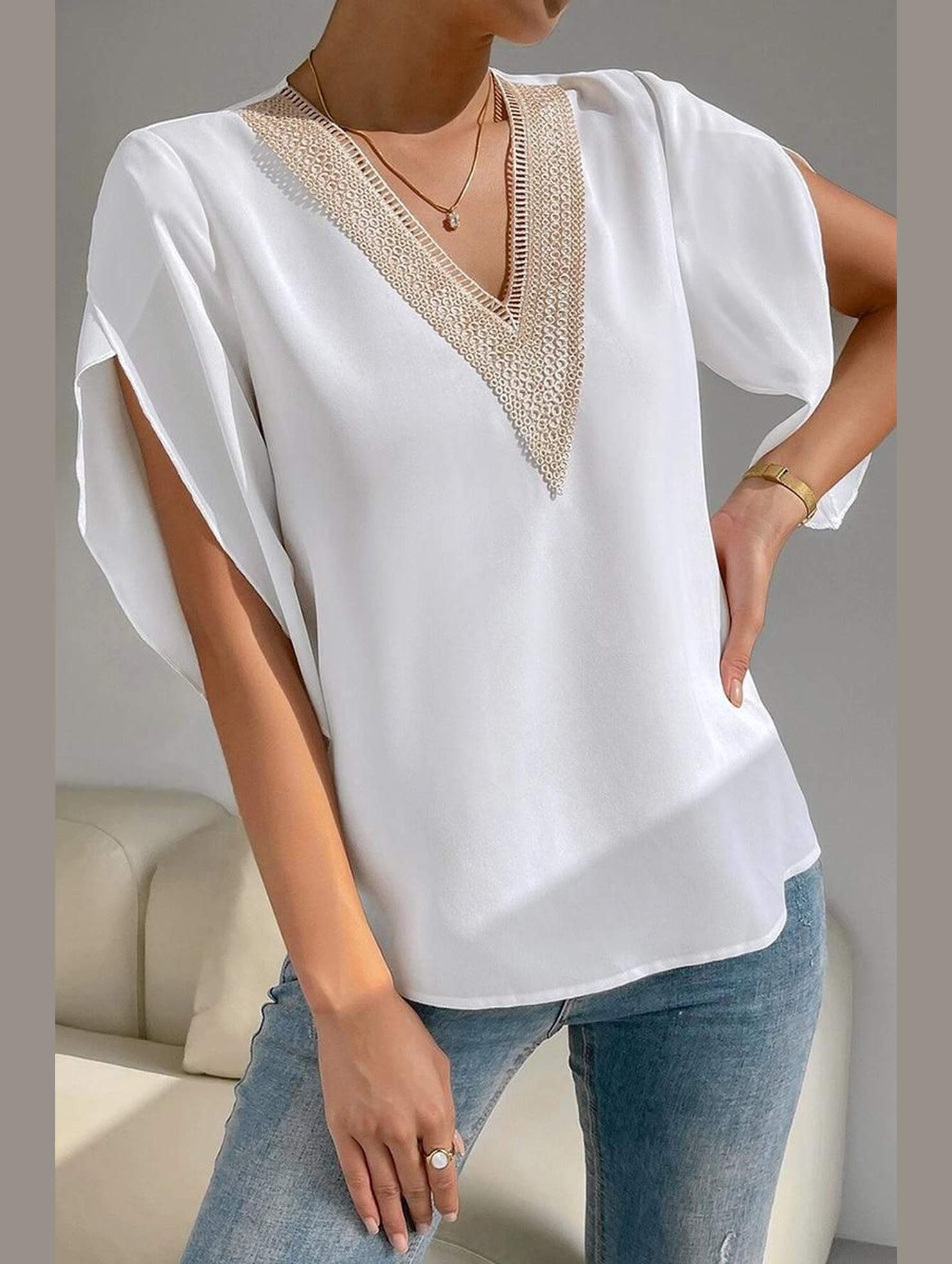 LAYERED V NECK ANGEL SLEEVED BLOUSE TOP - Doublju