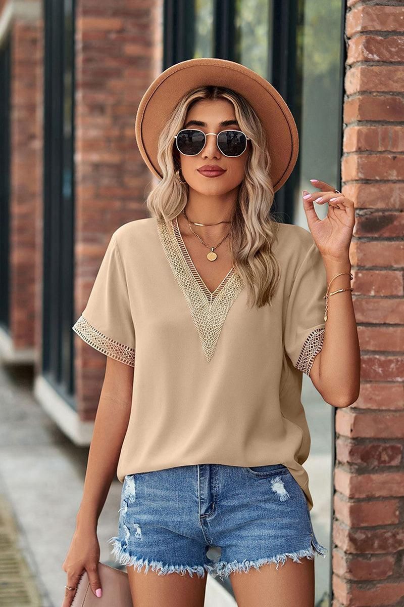 GOLD LACE POINT V NECK CHIFFON BLOUSE - Doublju