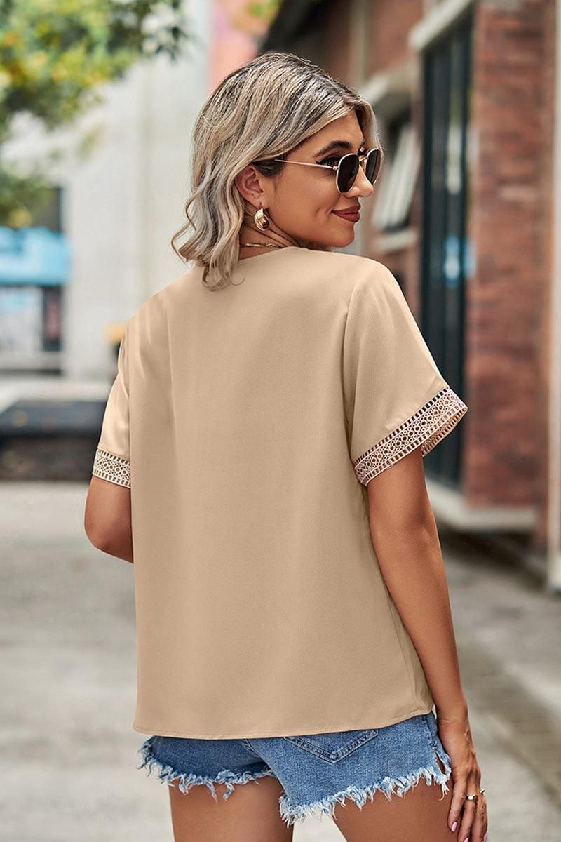 GOLD LACE POINT V NECK CHIFFON BLOUSE - Doublju