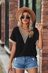 GOLD LACE POINT V NECK CHIFFON BLOUSE - Doublju