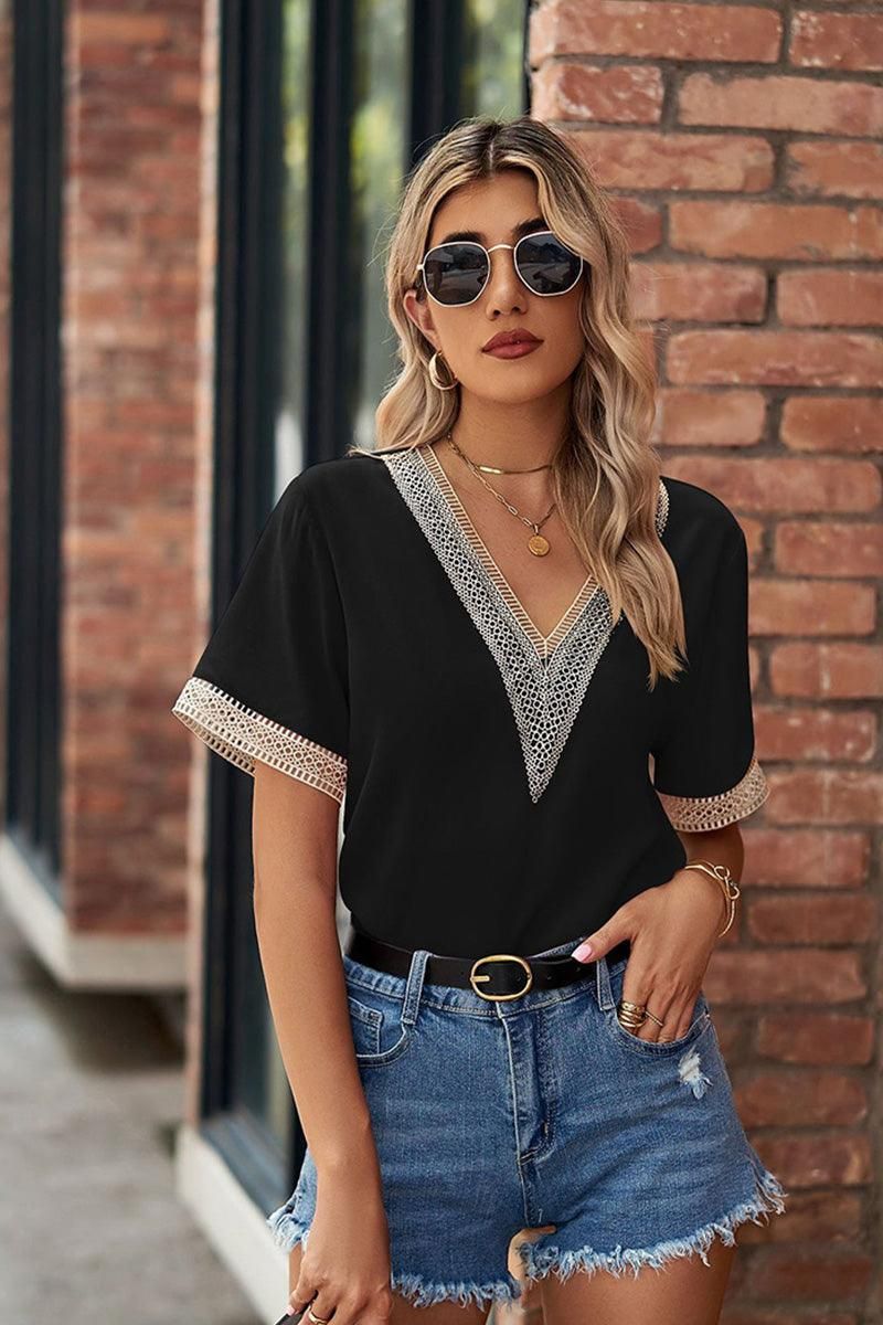 GOLD LACE POINT V NECK CHIFFON BLOUSE - Doublju