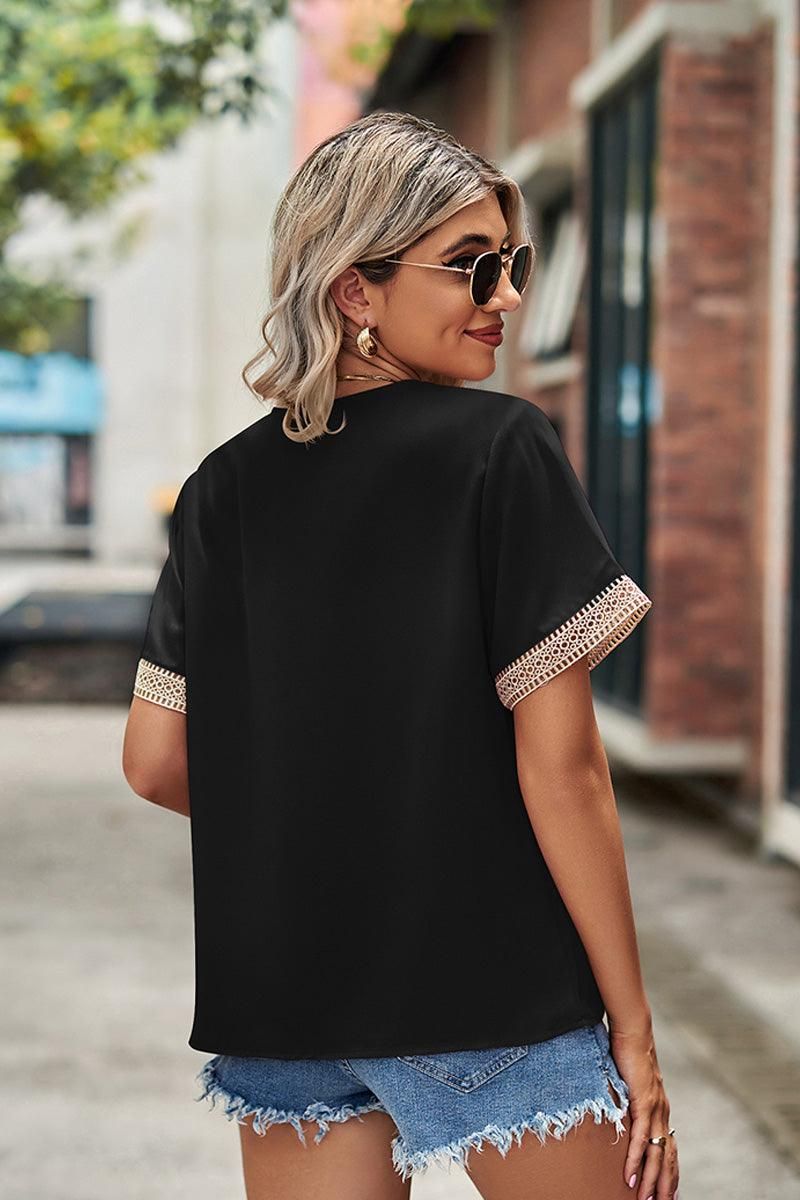 GOLD LACE POINT V NECK CHIFFON BLOUSE - Doublju