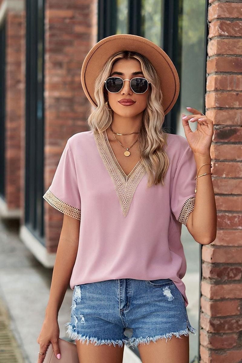 GOLD LACE POINT V NECK CHIFFON BLOUSE - Doublju