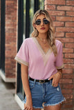 GOLD LACE POINT V NECK CHIFFON BLOUSE - Doublju