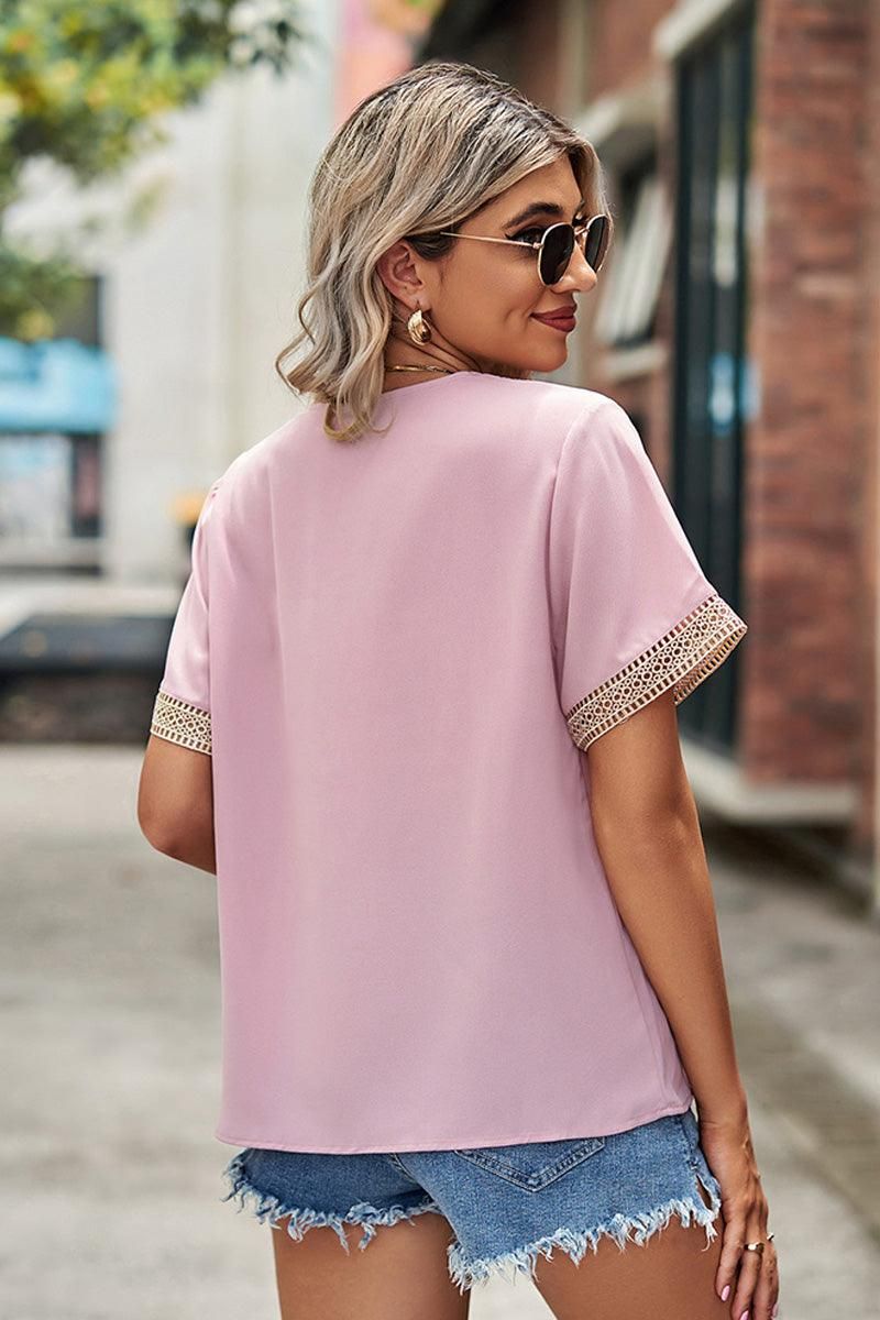 GOLD LACE POINT V NECK CHIFFON BLOUSE - Doublju