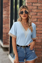 GOLD LACE POINT V NECK CHIFFON BLOUSE - Doublju