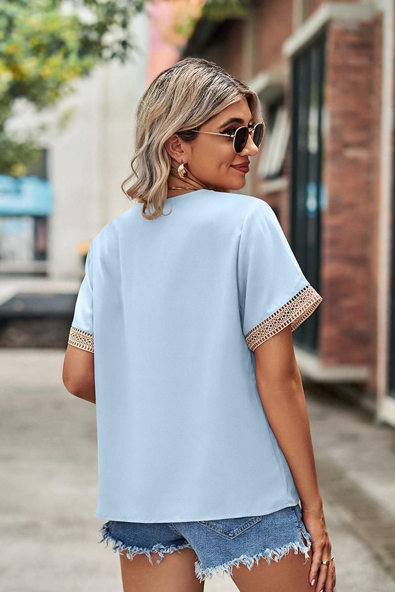 GOLD LACE POINT V NECK CHIFFON BLOUSE - Doublju