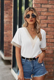 GOLD LACE POINT V NECK CHIFFON BLOUSE - Doublju