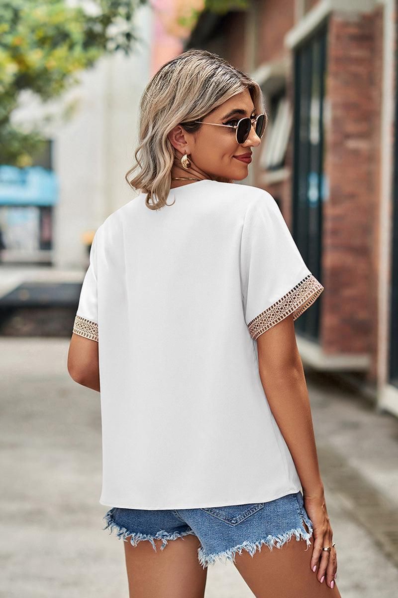 GOLD LACE POINT V NECK CHIFFON BLOUSE - Doublju