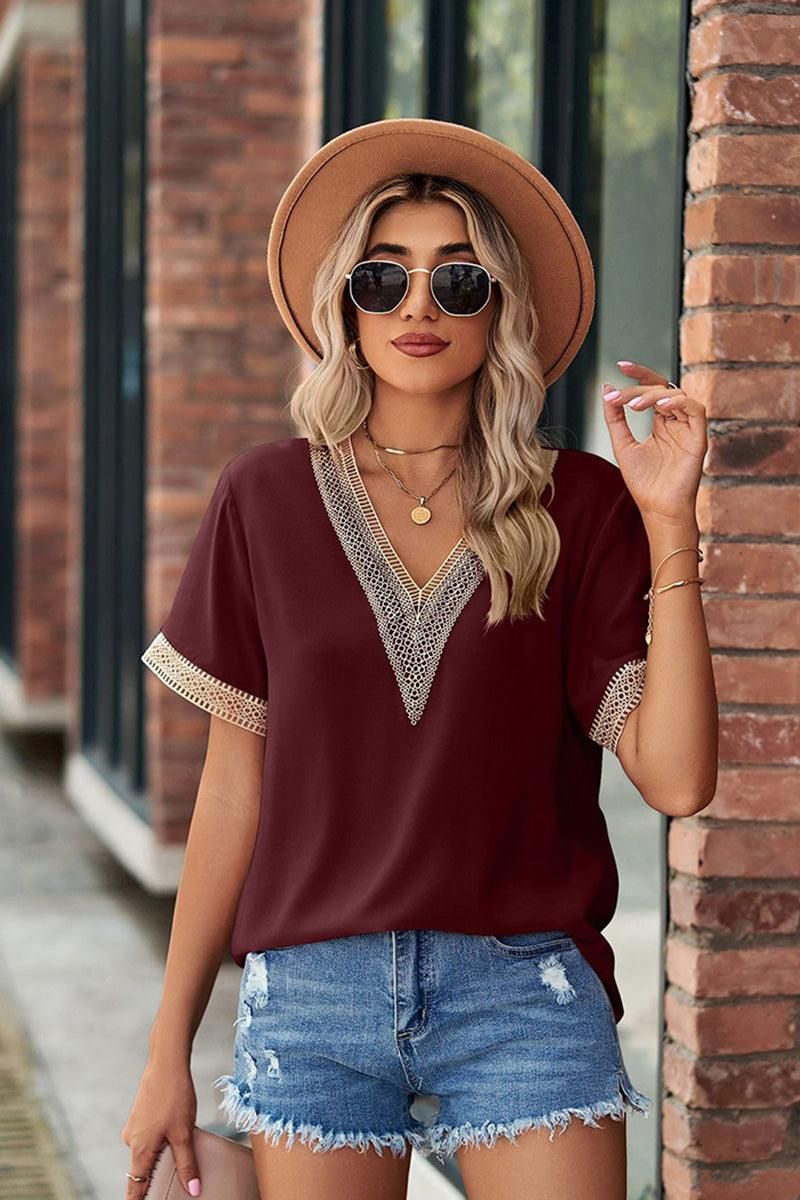 GOLD LACE POINT V NECK CHIFFON BLOUSE - Doublju