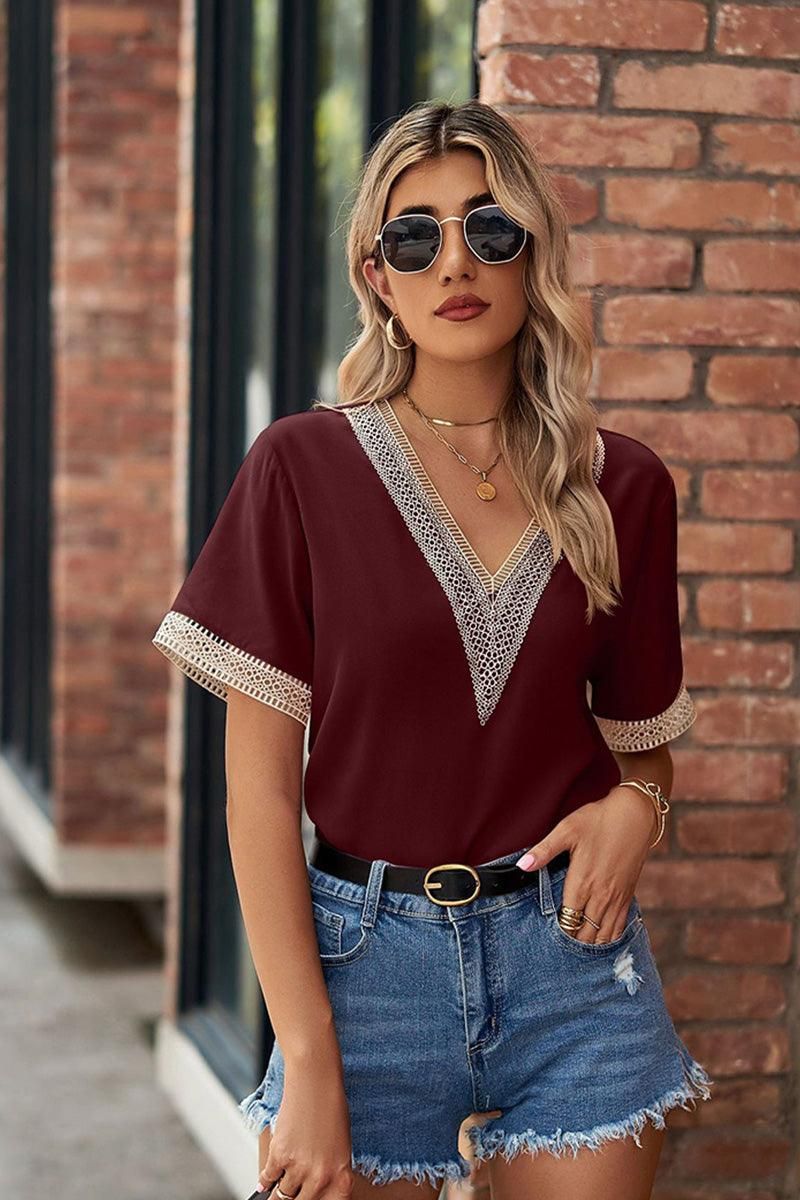 GOLD LACE POINT V NECK CHIFFON BLOUSE - Doublju