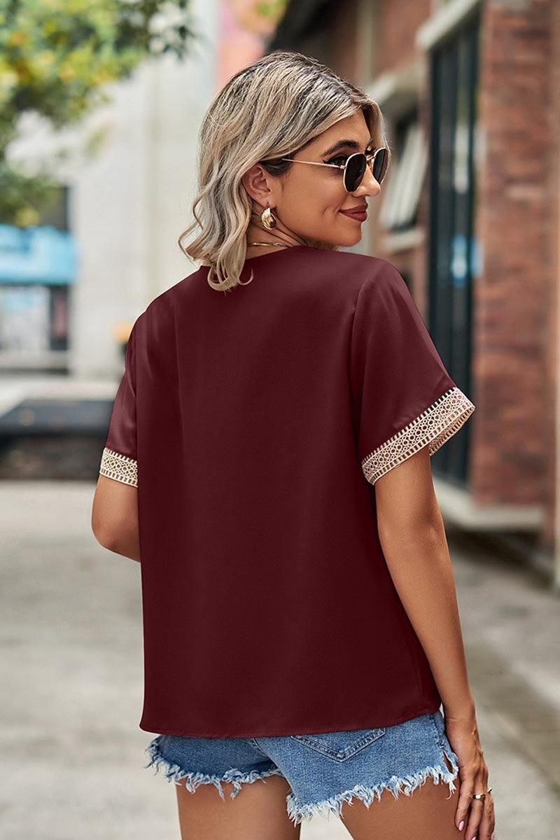 GOLD LACE POINT V NECK CHIFFON BLOUSE - Doublju