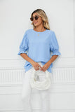 RUFFLED PUFF SHORT SLEEVE LOOSE CHIFFON BLOUSE - Doublju