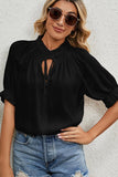 LACE TIED NECK PRINCESS SLEEVES CHIFFON BLOUSE - Doublju