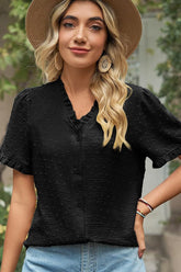 LACE V NECK PRINCESS SLEEVES CHIFFON DOT BLOUSE - Doublju