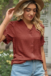 LACE V NECK PRINCESS SLEEVES CHIFFON DOT BLOUSE - Doublju