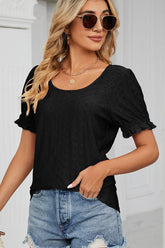 PUNCHING LACE LOUND NECK PRINCESS SLEEVES TOP - Doublju