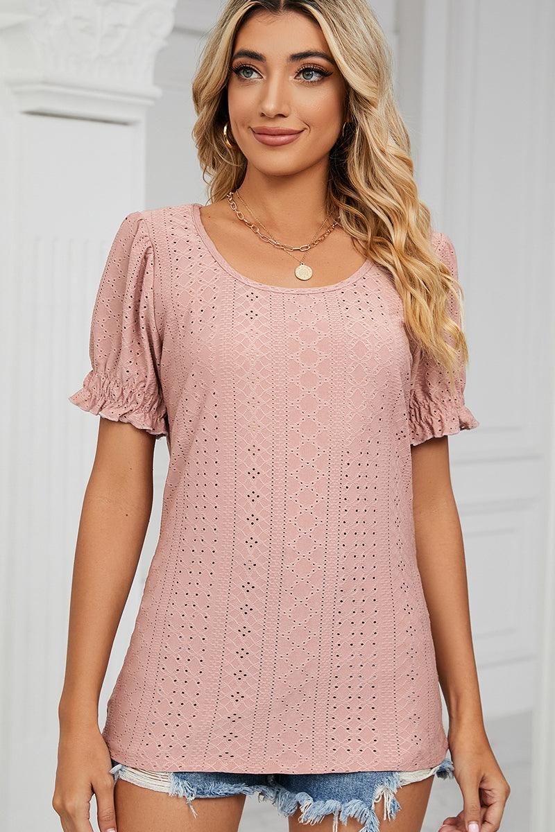 PUNCHING LACE LOUND NECK PRINCESS SLEEVES TOP - Doublju