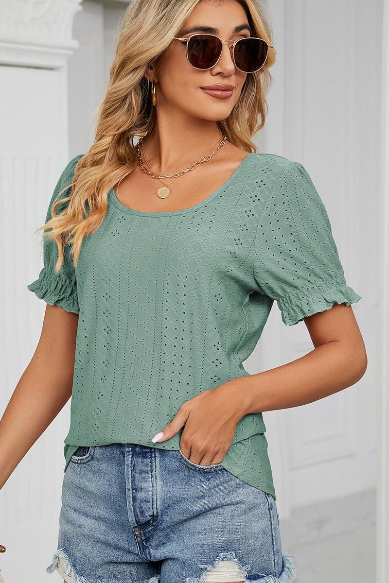 PUNCHING LACE LOUND NECK PRINCESS SLEEVES TOP - Doublju