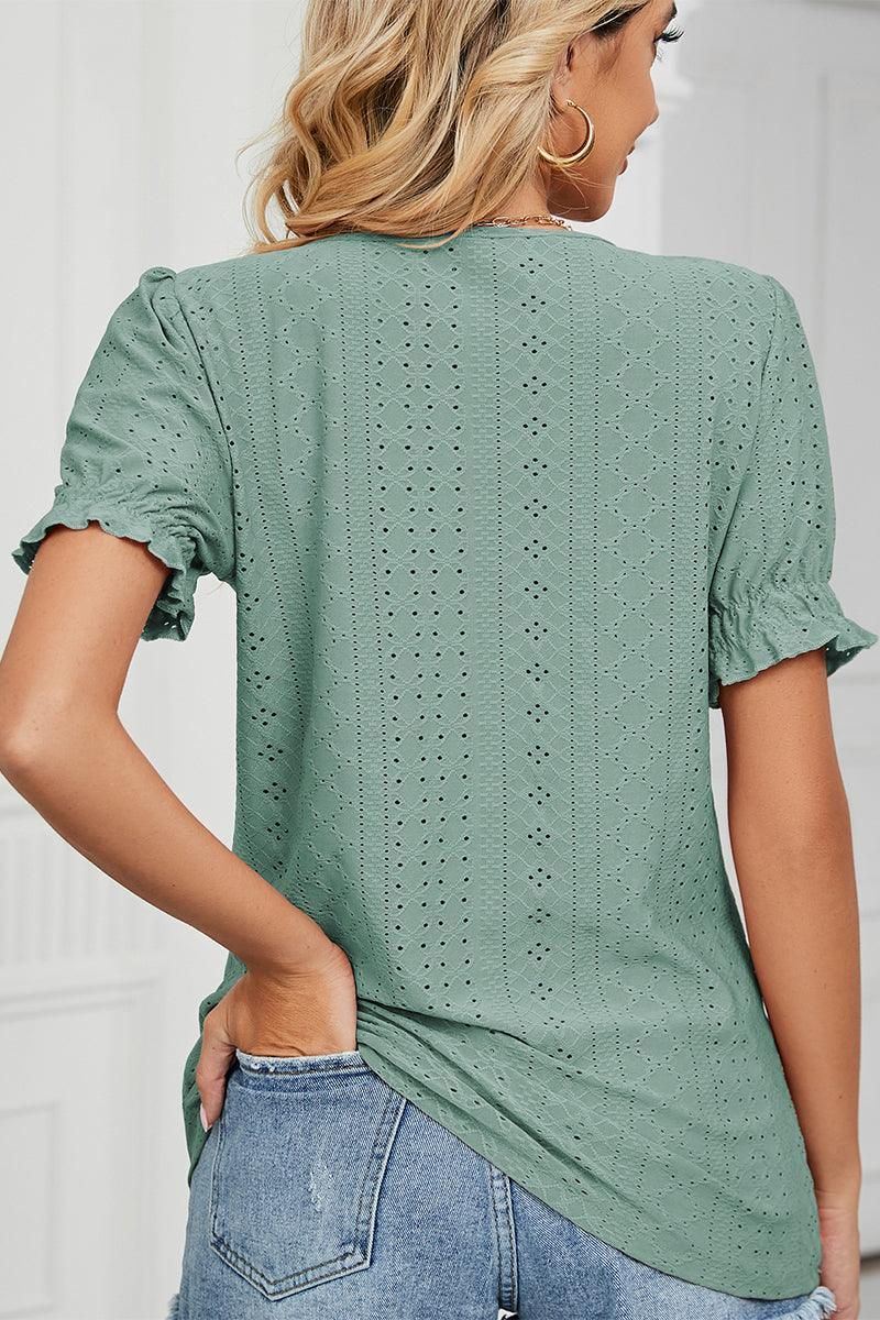 PUNCHING LACE LOUND NECK PRINCESS SLEEVES TOP - Doublju