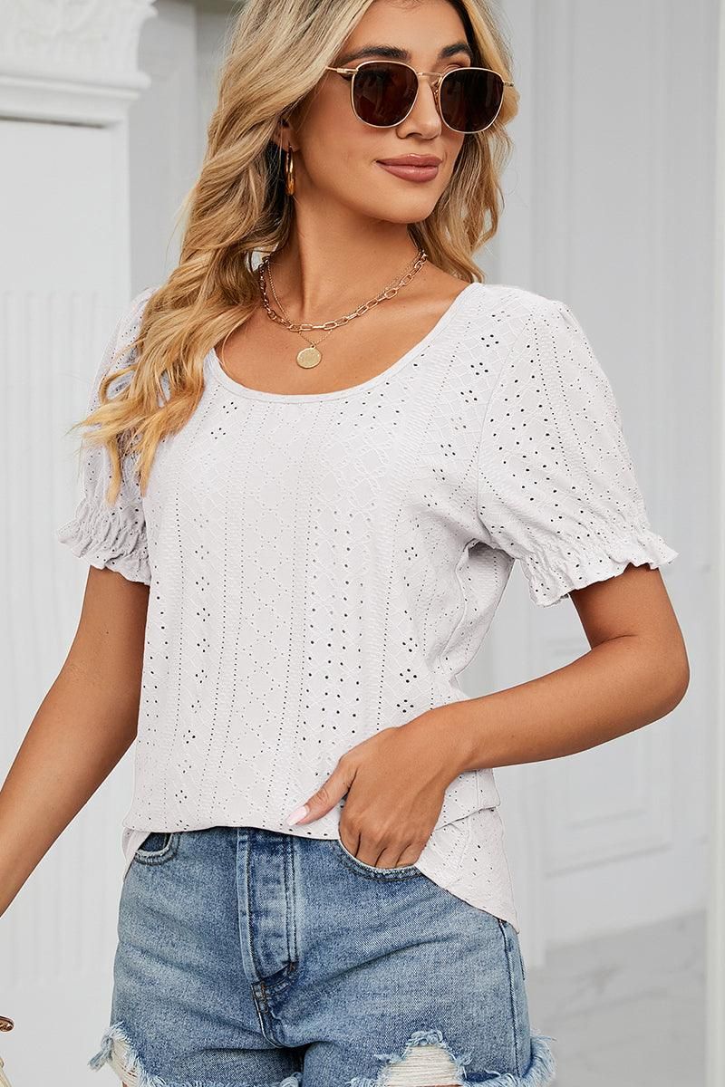 PUNCHING LACE LOUND NECK PRINCESS SLEEVES TOP - Doublju
