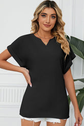 SIMPLE LOOSE FIT ROLL UP SHORT SLEEVE BLOUSE - Doublju