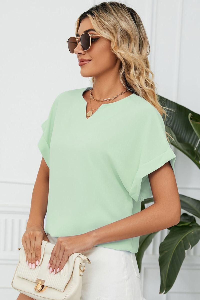 SIMPLE LOOSE FIT ROLL UP SHORT SLEEVE BLOUSE - Doublju