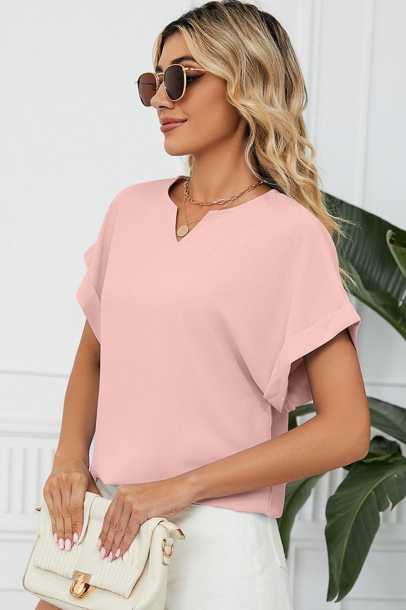 SIMPLE LOOSE FIT ROLL UP SHORT SLEEVE BLOUSE - Doublju
