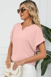 SIMPLE LOOSE FIT ROLL UP SHORT SLEEVE BLOUSE - Doublju