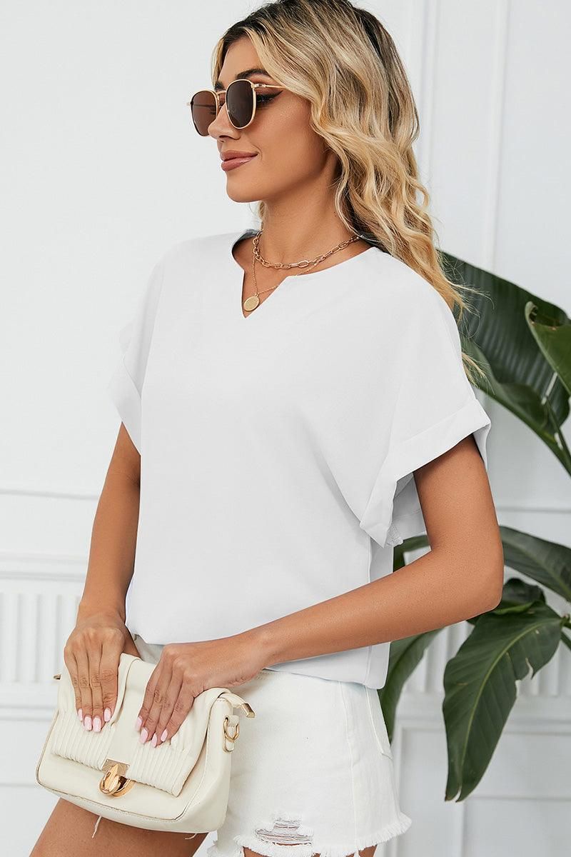SIMPLE LOOSE FIT ROLL UP SHORT SLEEVE BLOUSE - Doublju