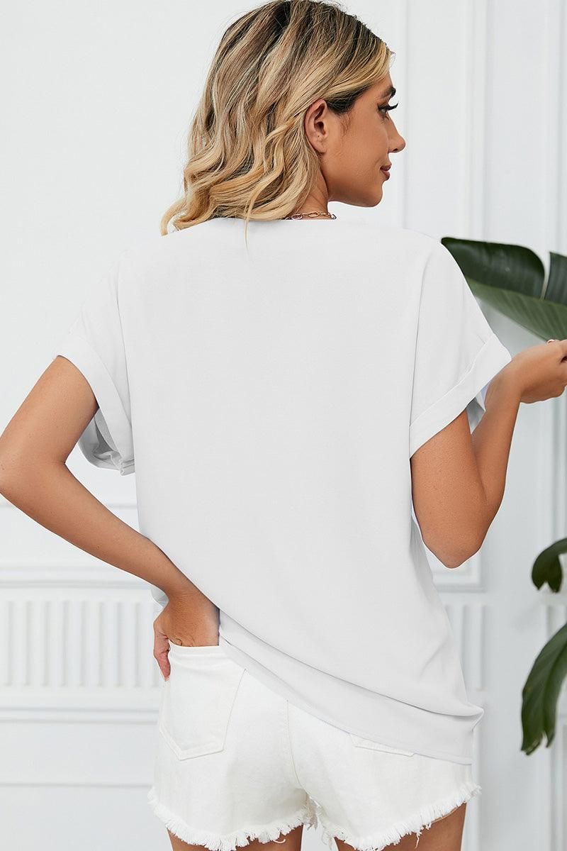 SIMPLE LOOSE FIT ROLL UP SHORT SLEEVE BLOUSE - Doublju