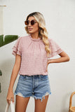 RUFFLED ROUND NECK JACQUARD WEAVE CHIFFON BLOUSE - Doublju