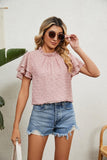 RUFFLED ROUND NECK JACQUARD WEAVE CHIFFON BLOUSE - Doublju