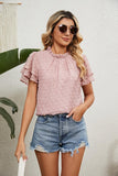 RUFFLED ROUND NECK JACQUARD WEAVE CHIFFON BLOUSE - Doublju