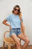 RUFFLED ROUND NECK JACQUARD WEAVE CHIFFON BLOUSE - Doublju