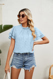 RUFFLED ROUND NECK JACQUARD WEAVE CHIFFON BLOUSE - Doublju