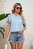 RUFFLED ROUND NECK JACQUARD WEAVE CHIFFON BLOUSE - Doublju